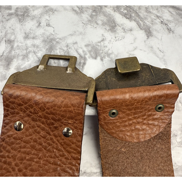 Massimo Dutti Boho Brown Pebbled Leather Wide Belt Size 28 Brass Floral Buckle - Picture 7 of 9